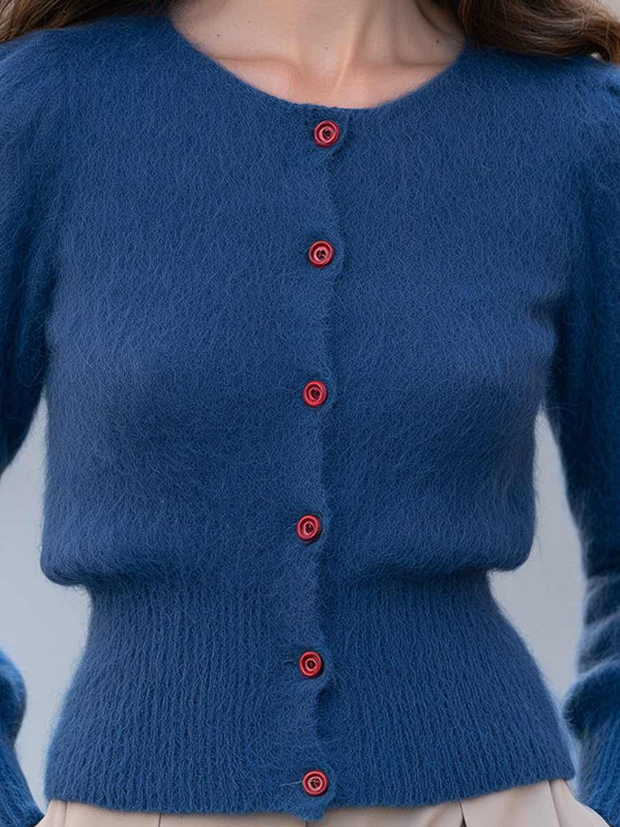 Elegant Rose Button Fuzzy Knit Waist-Defining Cardigan