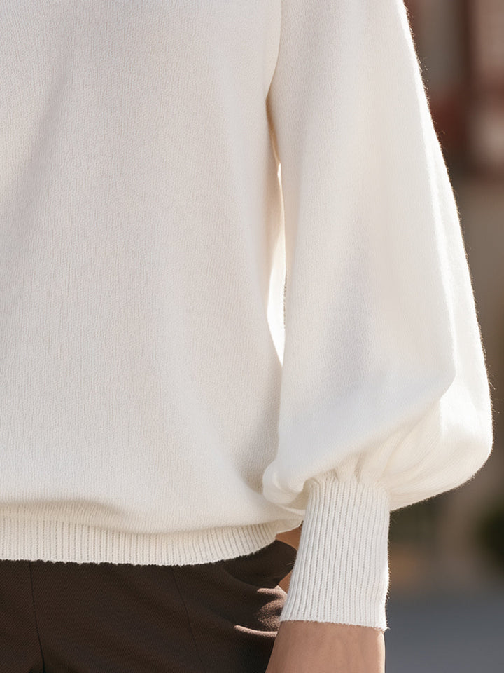 Ivory Lace-Trim V-Neck Pullover Sweater with Balloon Sleeves