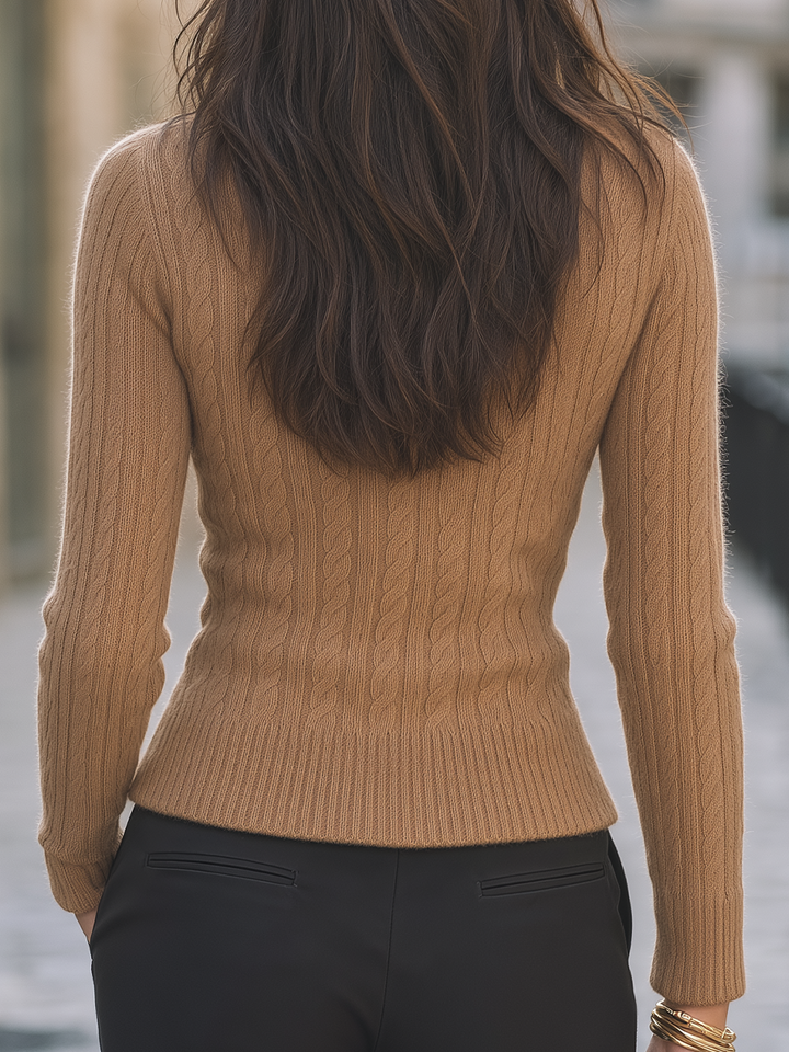Camel Cowl Neck Cable Knit Slim Sweater Top
