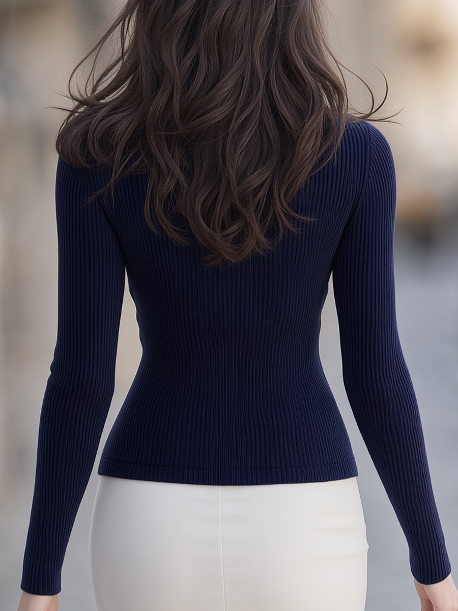 Navy Sweetheart Square Neck Ribbed Knit Cardigan Top