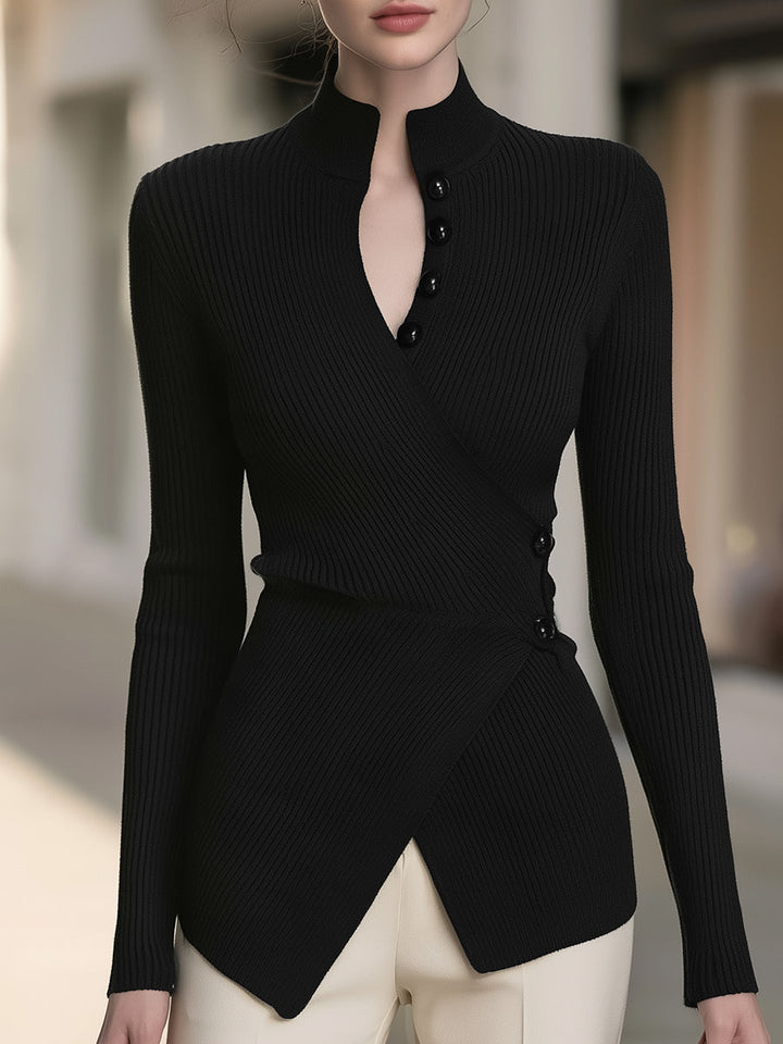 Button Detailed Ribbed Knit Wrap-Front Top