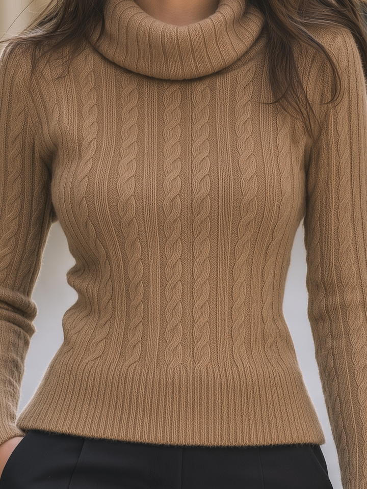 Camel Cowl Neck Cable Knit Slim Sweater Top