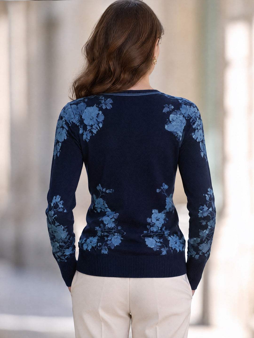 Navy Blue Floral Jacquard Knit Cardigan with V-Neck and Button Front