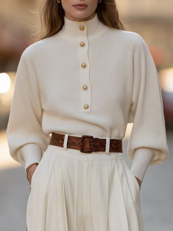Elegant Ivory Gold Button Mock Neck Puff Sleeve Knit Sweater