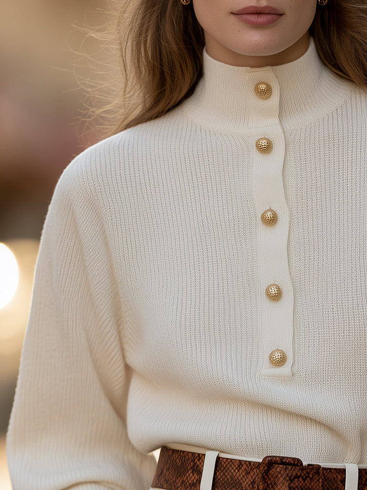 Elegant Ivory Gold Button Mock Neck Puff Sleeve Knit Sweater