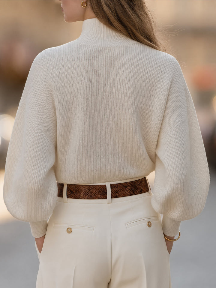 Elegant Ivory Gold Button Mock Neck Puff Sleeve Knit Sweater