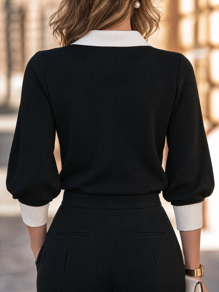 Black V-Neck Top with White Collar and Cuffs