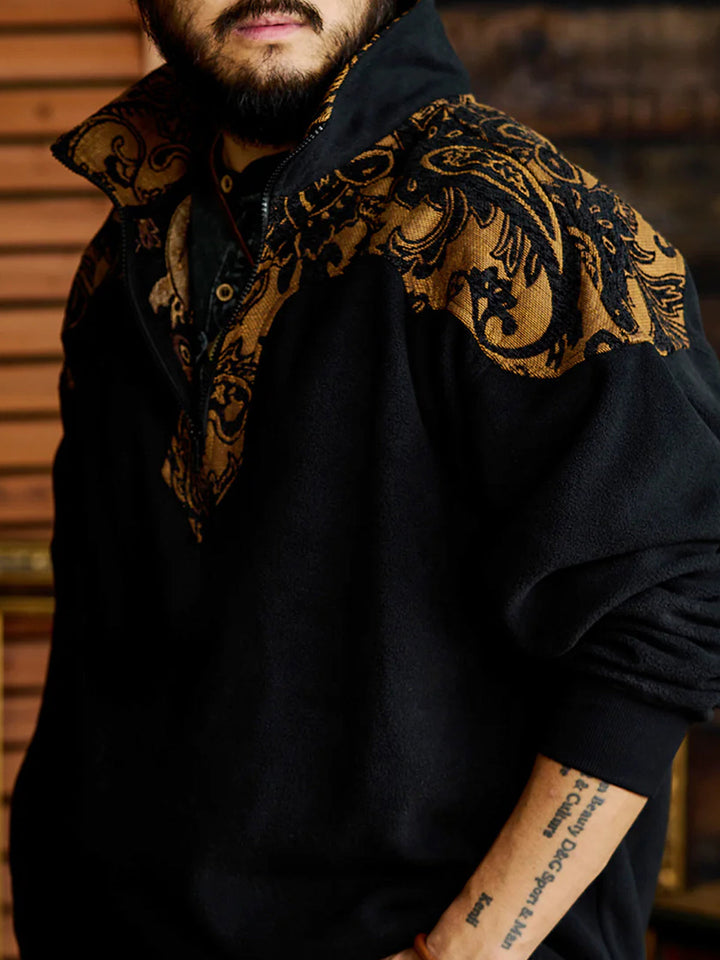 Paisley Pattern Mixed Material Western Half-Zip Fleece Pullover