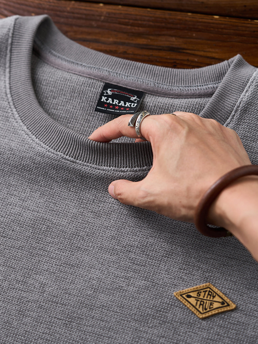“STAY TRUE” Vintage Mini-Waffle Knit Sweatshirt