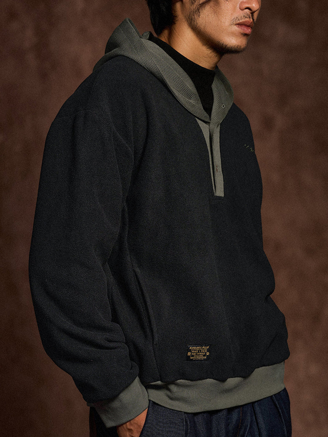 Knit-Contrast Double-Sided Brushed Fleece Hoodie