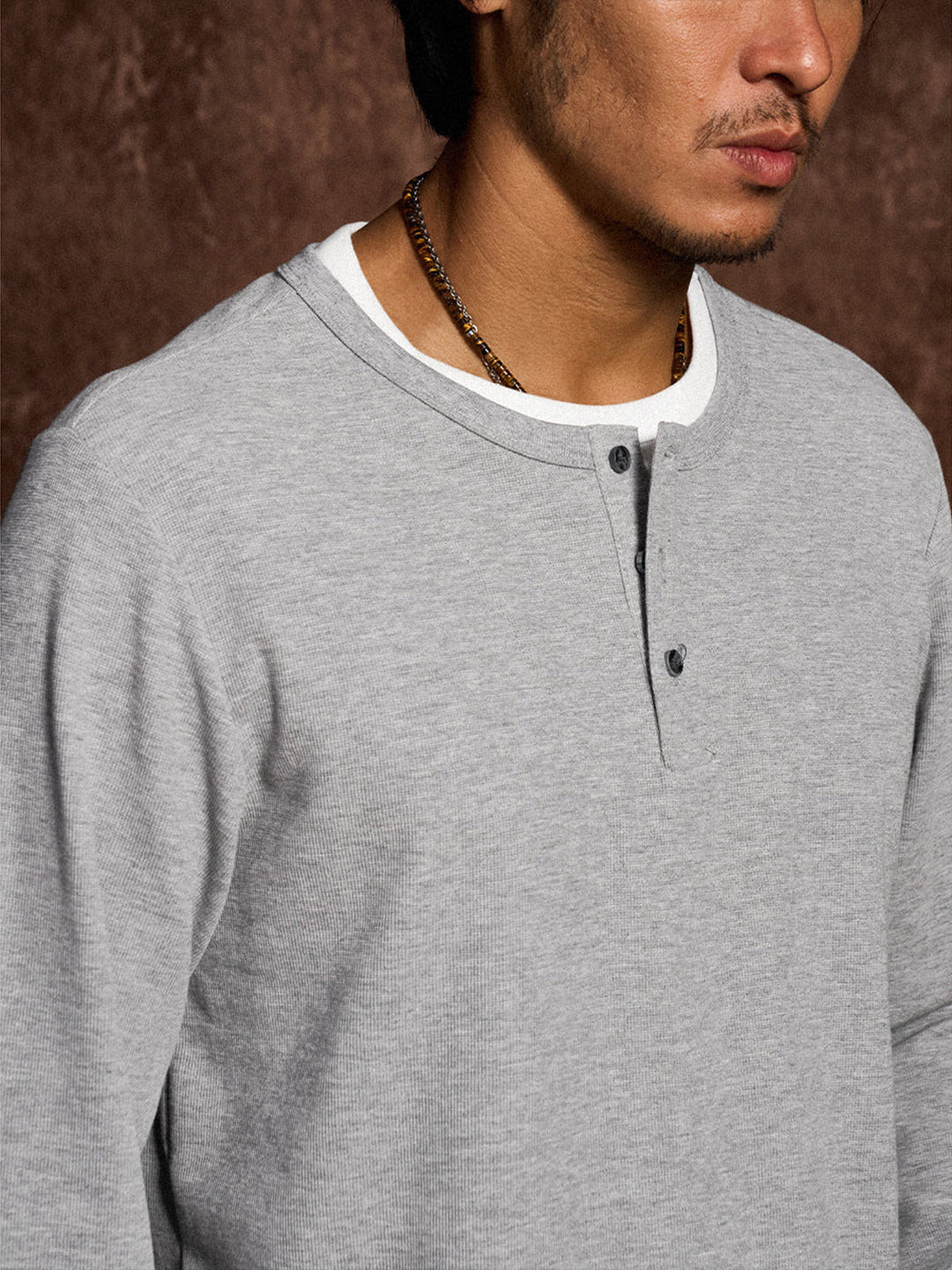 Mini Waffle Henley Long Sleeve Sweatshirt with Faux Layered Design