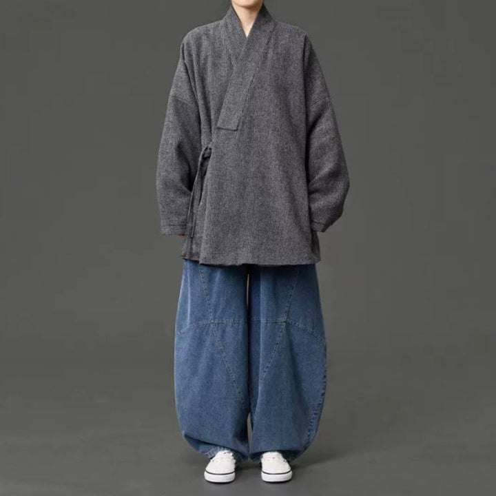 Loose Woolen Cross Front Hanfu Kimono Coat