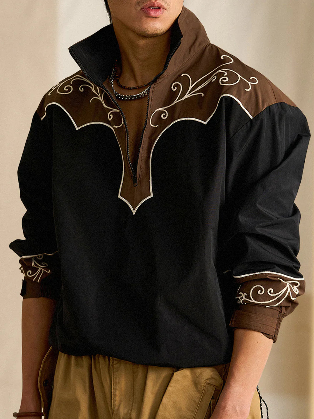 Western-Style Chain Embroidery Half-Zip Pullover Sweatshirt