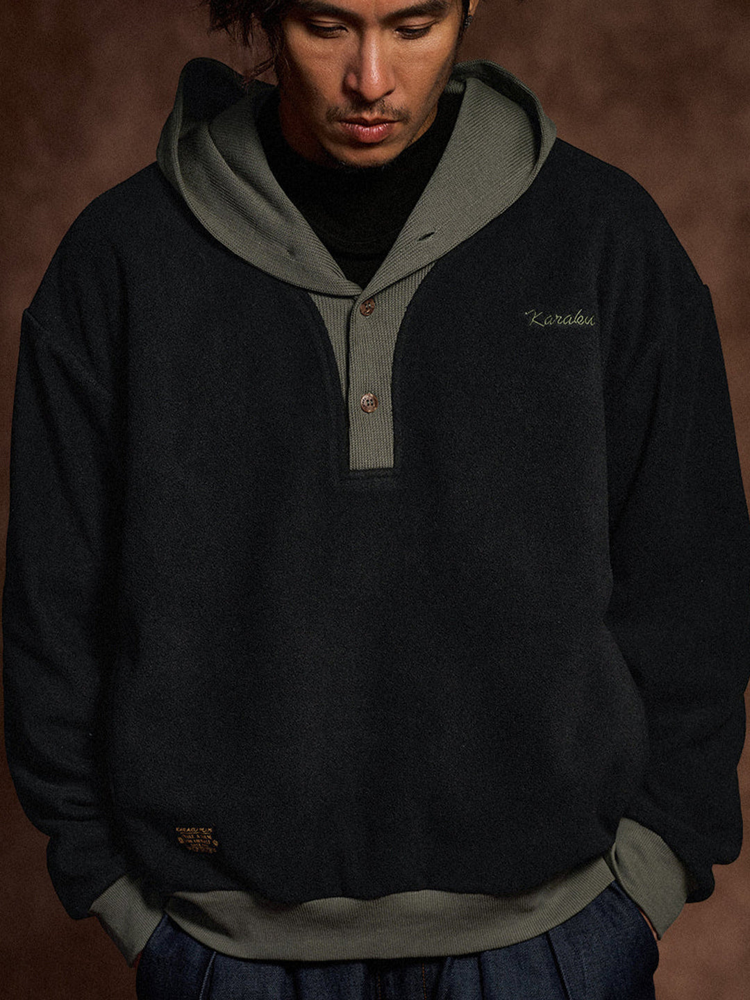 Knit-Contrast Double-Sided Brushed Fleece Hoodie