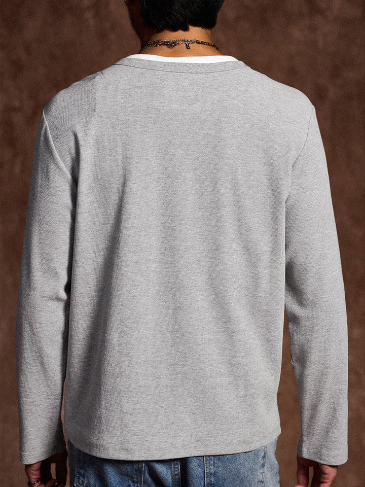 Mini Waffle Henley Long Sleeve Sweatshirt with Faux Layered Design