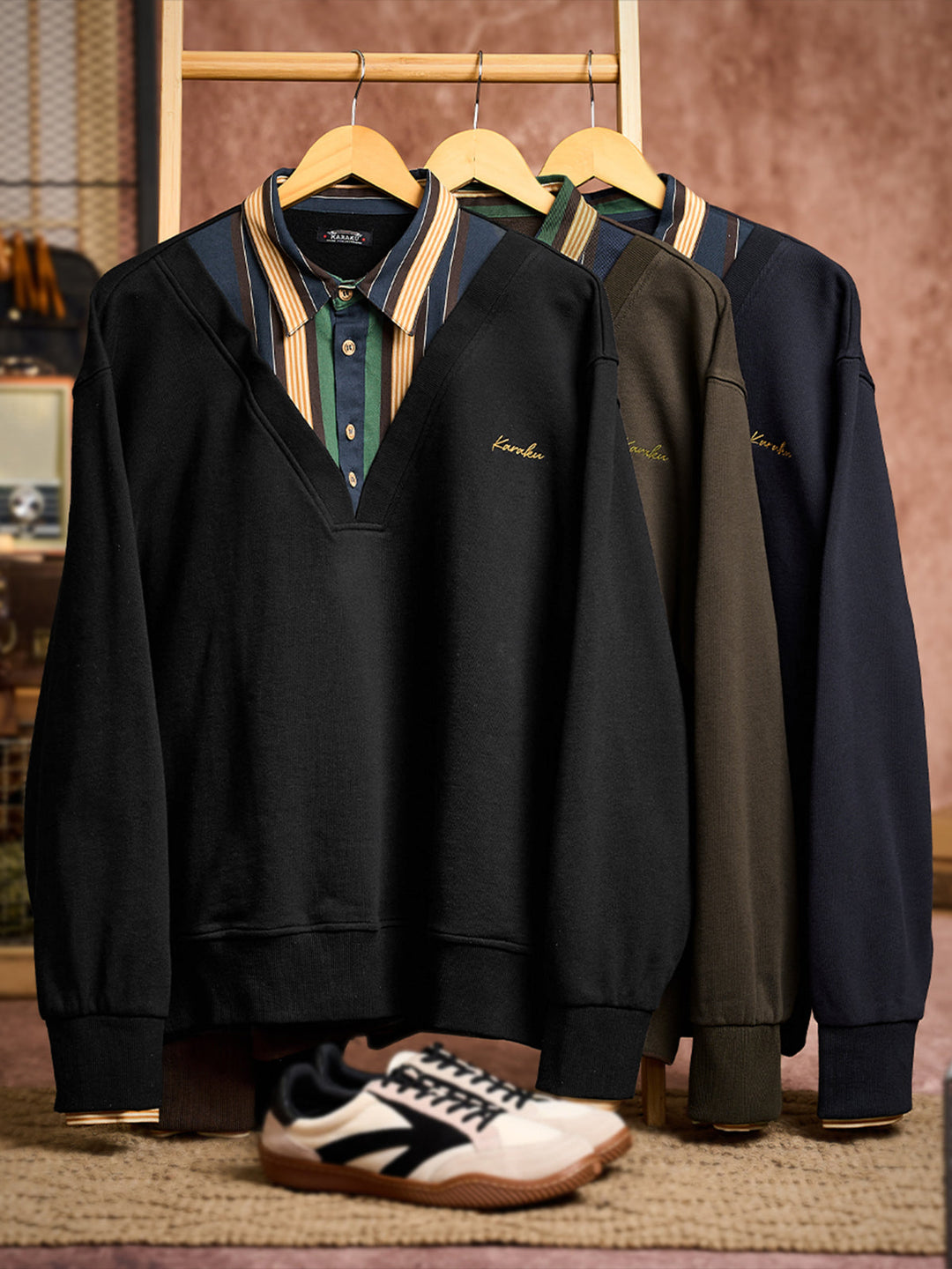 Faux-Layered V-Neck Sweatshirt with Multi-Stripe Shirt Detail