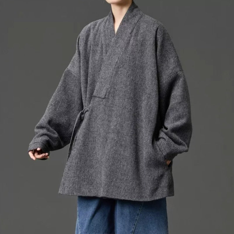 Loose Woolen Cross Front Hanfu Kimono Coat