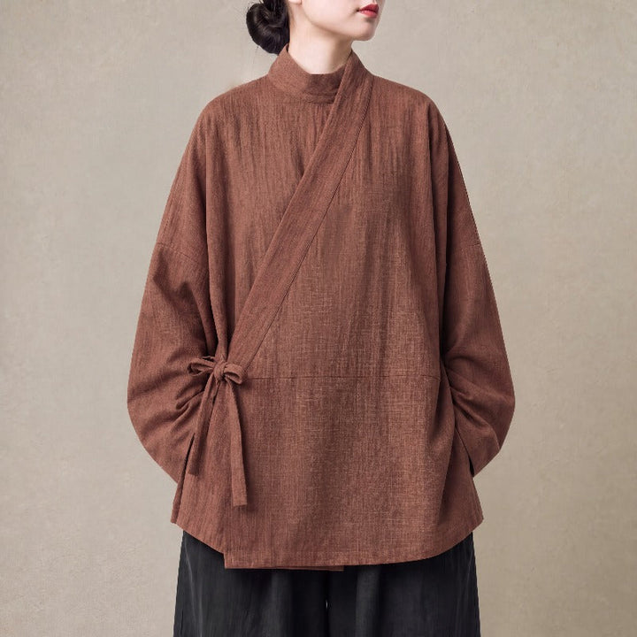 Cotton Textured Cross Collar Wrap Side Tie Loose Cardigan
