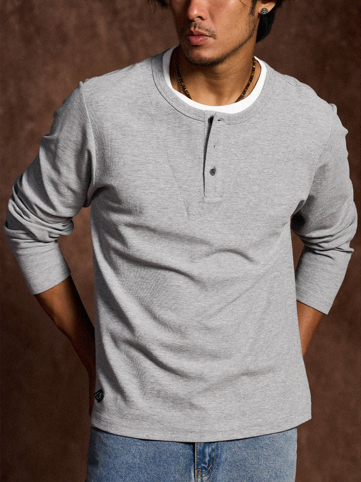 Mini Waffle Henley Long Sleeve Sweatshirt with Faux Layered Design