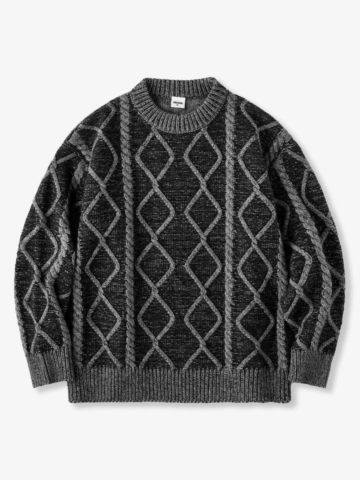 Crew Neck Sweater with Diamond Cable Knit Pattern