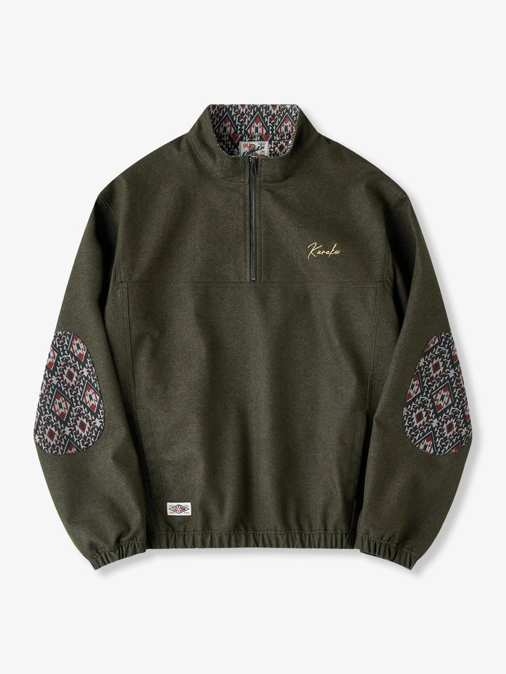 “KaraKu” Logo Embroidered Half-Zip Denim Sweatshirt with Navajo-Style Lining &amp; Elbow Patches
