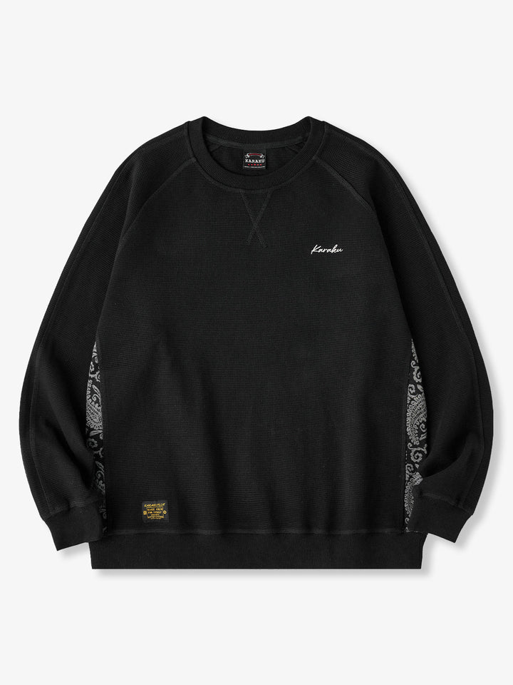 Jacquard Paisley Panel “KaraKu” Embroidered Mini Waffle Sweatshirt