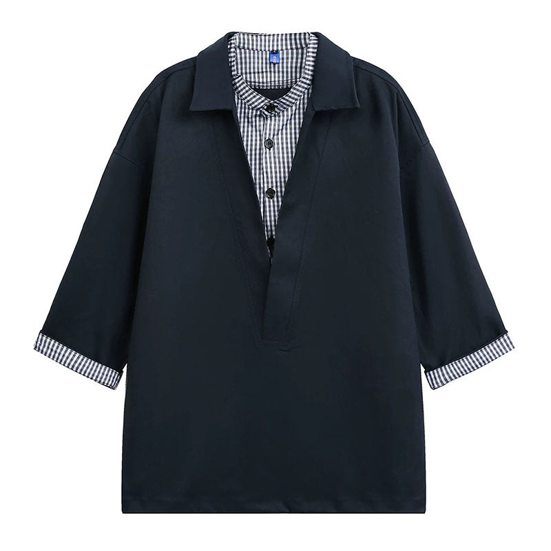 Japanese Plaid Paneled Layered Three Quarter Sleeve Shirt