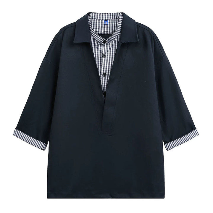 Japanese Plaid Paneled Layered Three Quarter Sleeve Shirt