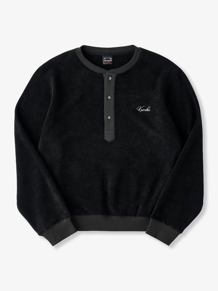 Henley Neck Fleece Sweatshirt with “KaraKu” Embroidery (Double-Sided Brushed)
