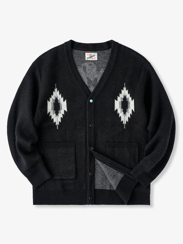 Jacquard Knit V-Neck Cardigan with Navajo &amp; Thunderbird Motifs