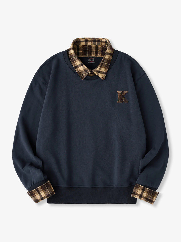 "K" Embroidered Patch Faux-Layered Check Sweatshirt