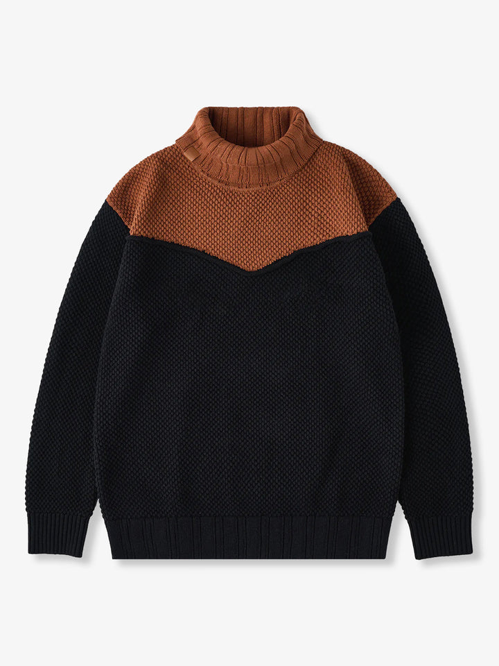 Colorblock Turtleneck Pineapple Knit Sweater with Leather Tag