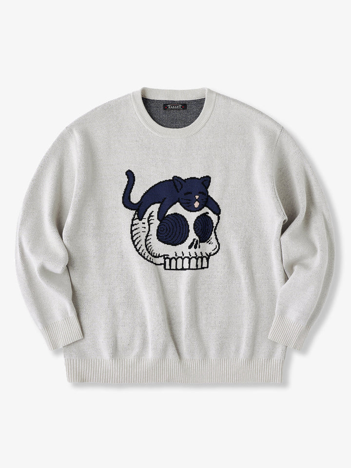“Black Cat on Skull” Pop Art–Style Jacquard Knit Sweater