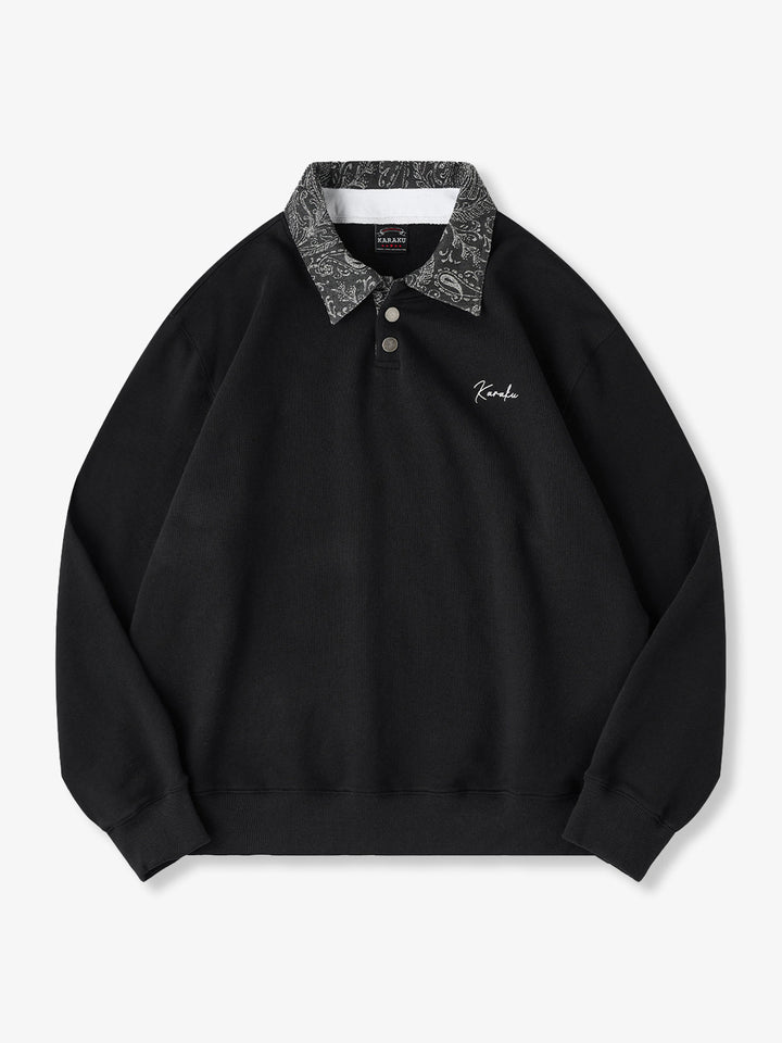 Karaku Embroidered Polo Sweatshirt with Jacquard Paisley Collar &amp; Placket