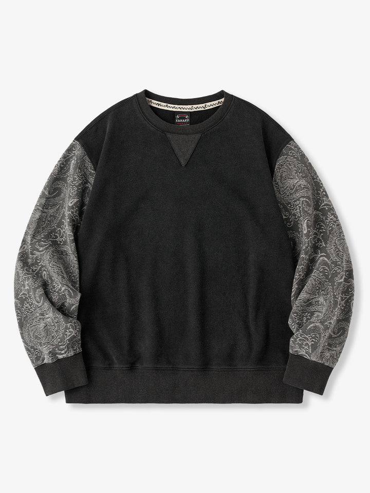 Washed Sweatshirt with Paisley Denim Sleeves &amp; V-Gusset Detail