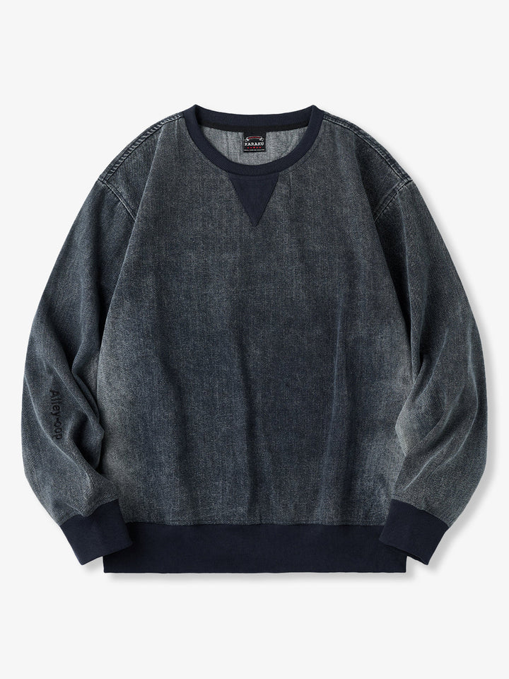 “Alley-oop” Sleeve Embroidery V-Gusset Stone-Washed Denim Sweatshirt