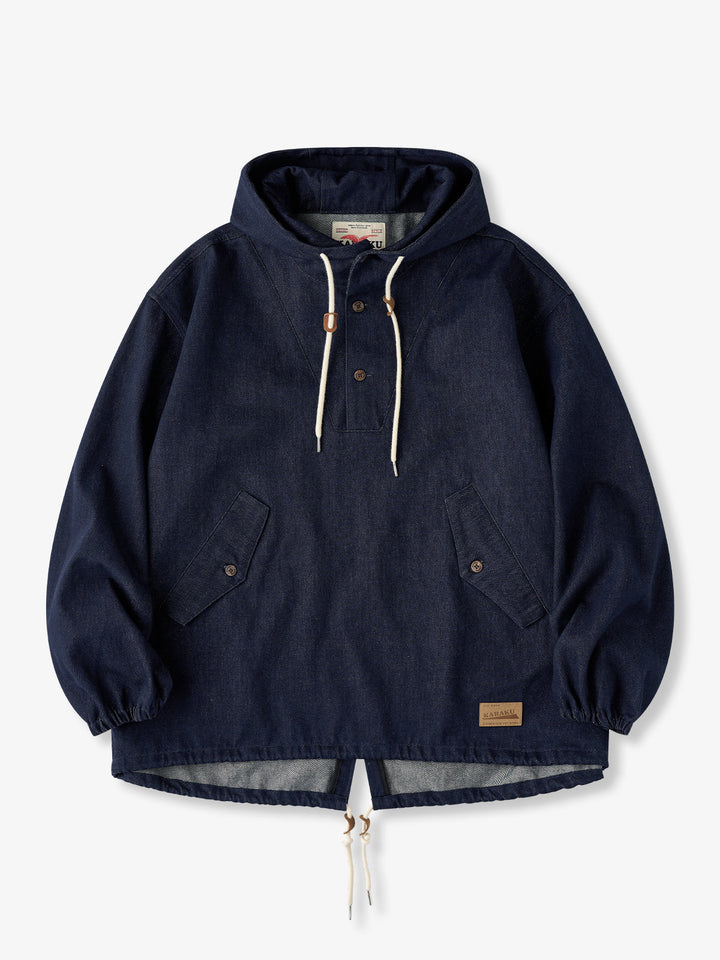 Washed Denim Hoodie with Half-Button and Side Slits
