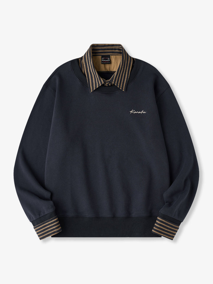 Faux-Layered Stripe Shirt &amp; Embroidered Crewneck Sweatshirt