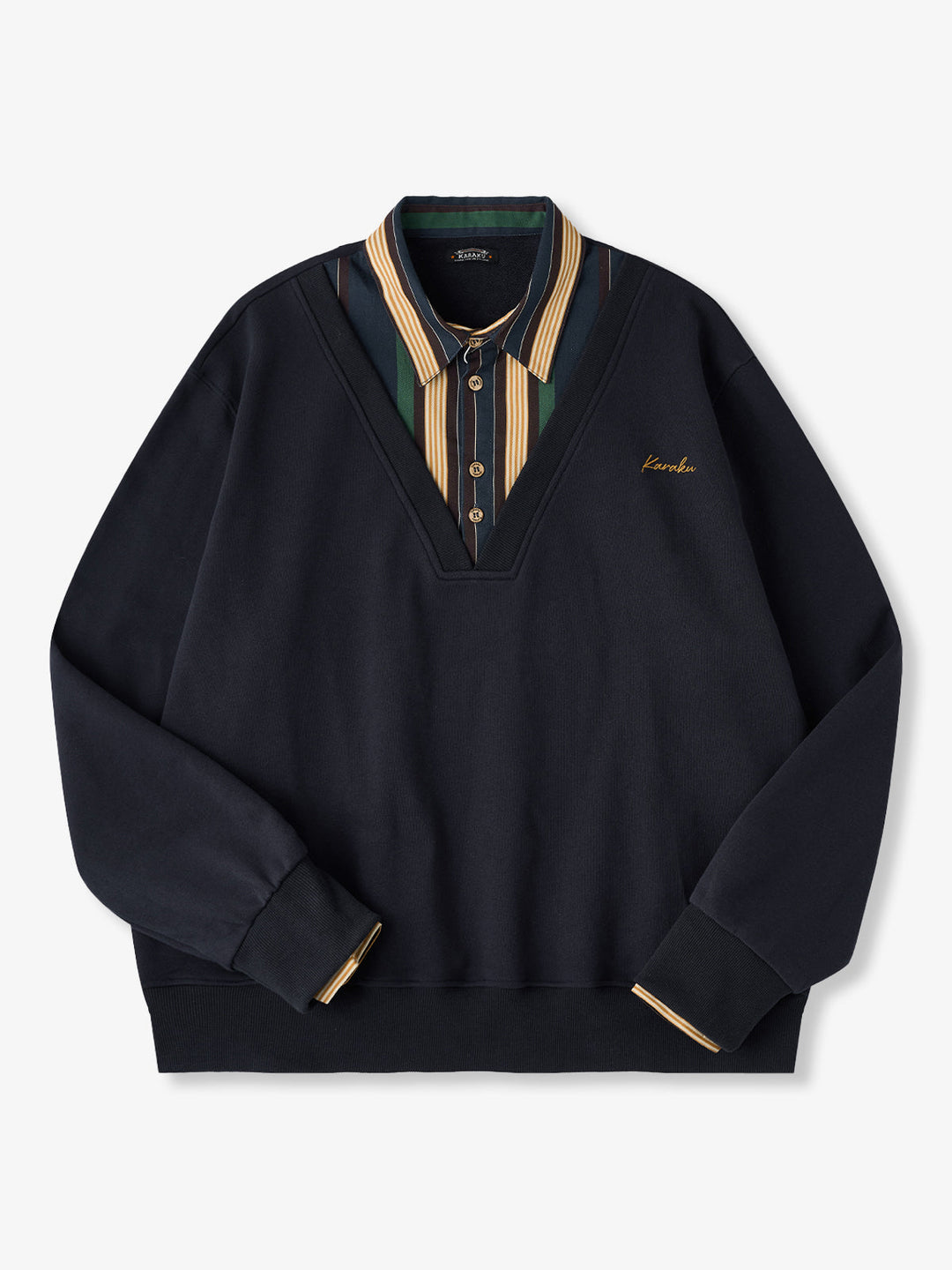 Faux-Layered V-Neck Sweatshirt with Multi-Stripe Shirt Detail