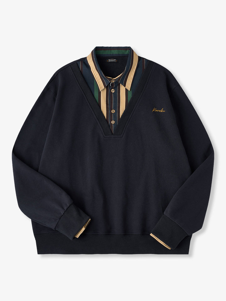 Faux-Layered V-Neck Sweatshirt with Multi-Stripe Shirt Detail