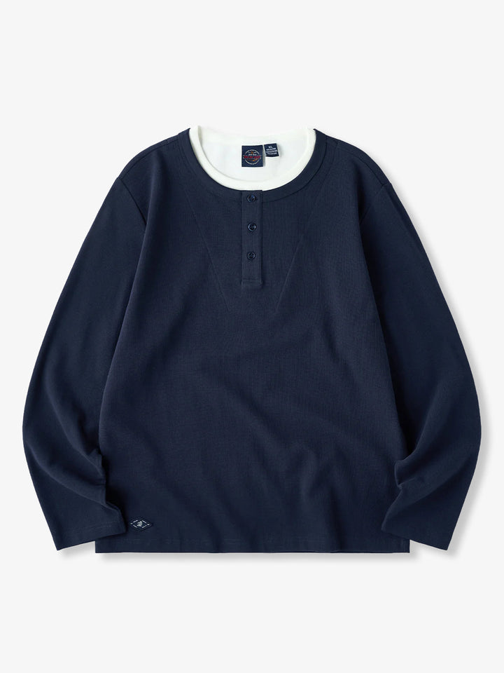 Mini Waffle Henley Long Sleeve Sweatshirt with Faux Layered Design