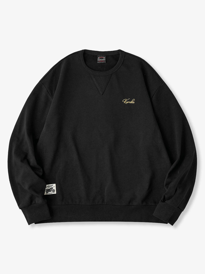 "Cat Wearing Helmet" Print &amp; Karaku Logo Embroidery V-Gusset Sweatshirt