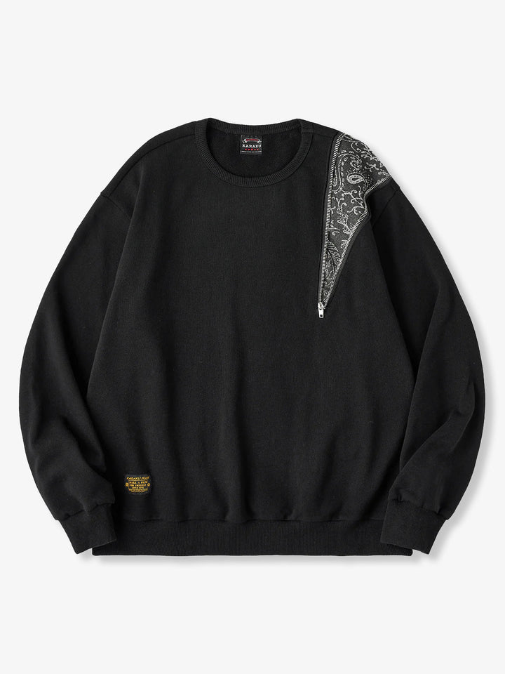 Paisley Pattern Denim Panel &amp; Zip Crewneck Pullover Sweatshirt