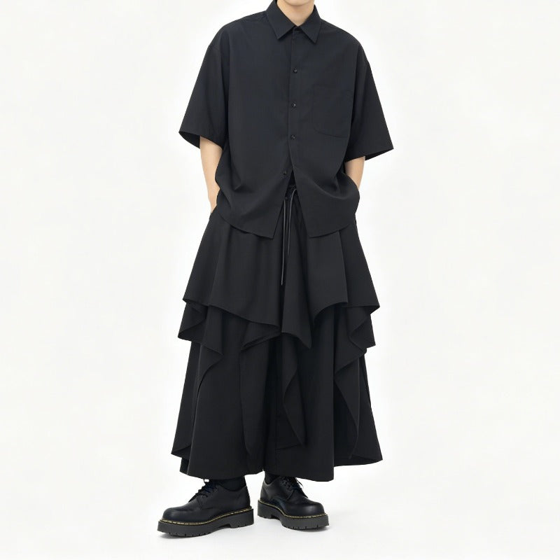 Japanese High-waist Asymmetrical Ruffle Wide-leg Skirt-pants