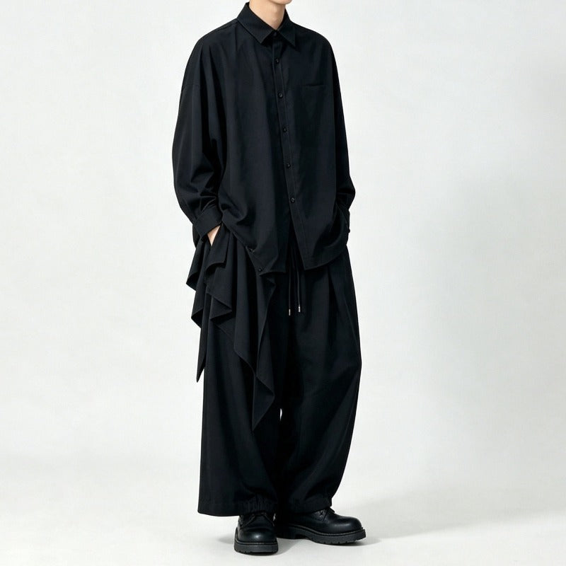 Japanese Draped Asymmetric Hem Long Sleeve Shirt Wide-leg Pants Two-piece Set