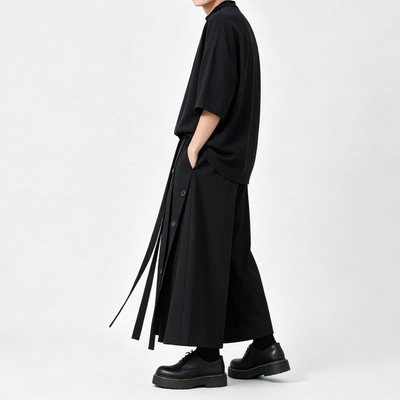 Japanese Loose Half Sleeve T-shirt High-waist Patchwork Wide-leg Skirt-pants Two-piece Set