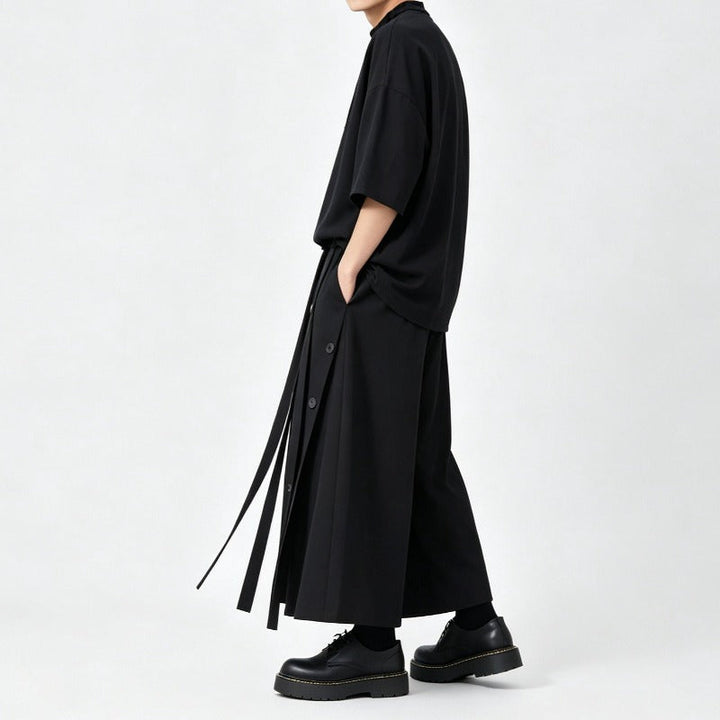 Japanese Loose Half Sleeve T-shirt High-waist Patchwork Wide-leg Skirt-pants Two-piece Set