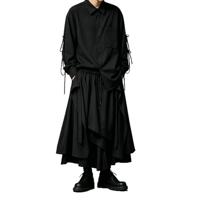 Japanese Loose Asymmetrical multi-layered Shirt and Skirt-Pants Two-piece Set