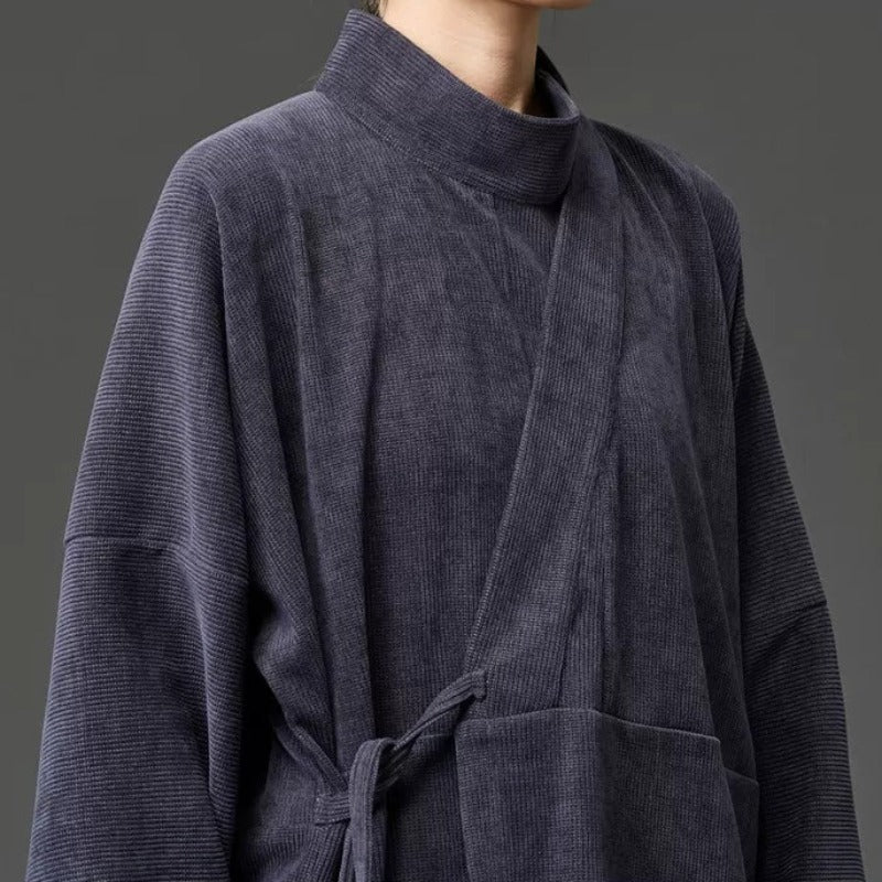 Corduroy Curved Collar Diagonal Placket Loose Hanfu Cardigan