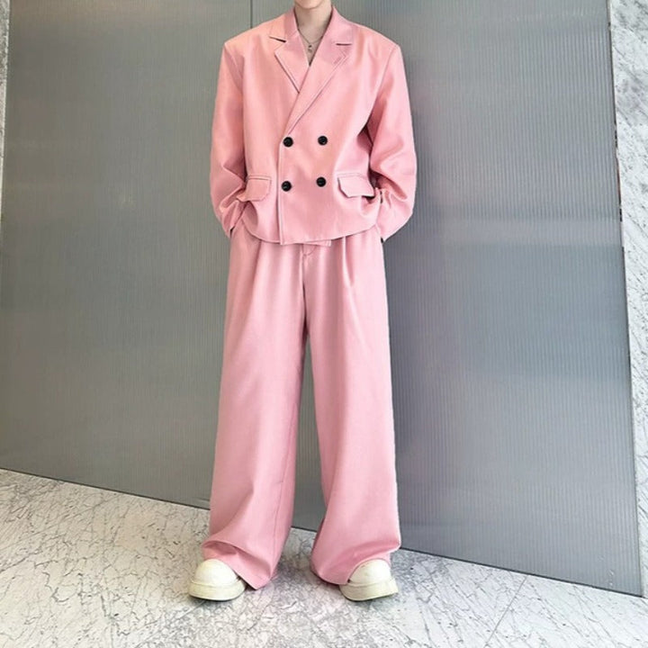 Double Breasted Blazer Draped Wide-leg Trousers Two-piece Set